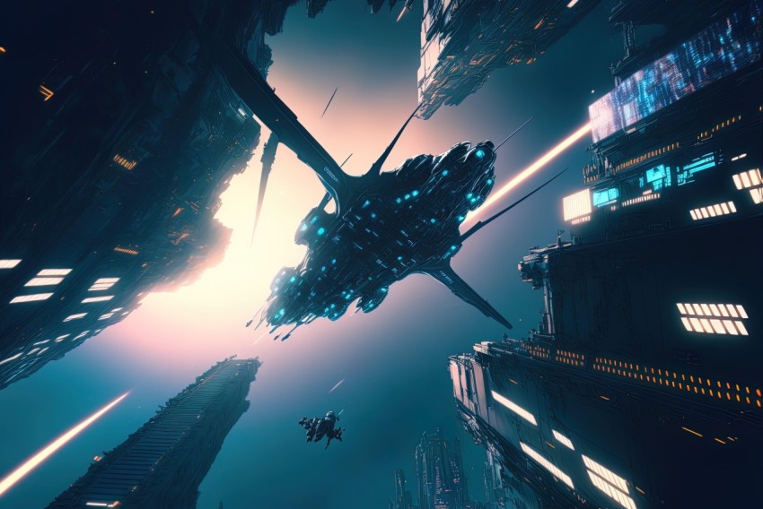 Futuristic Spacecraft Floating in Sky over Buildings | Dark Cyan & Dark Amber