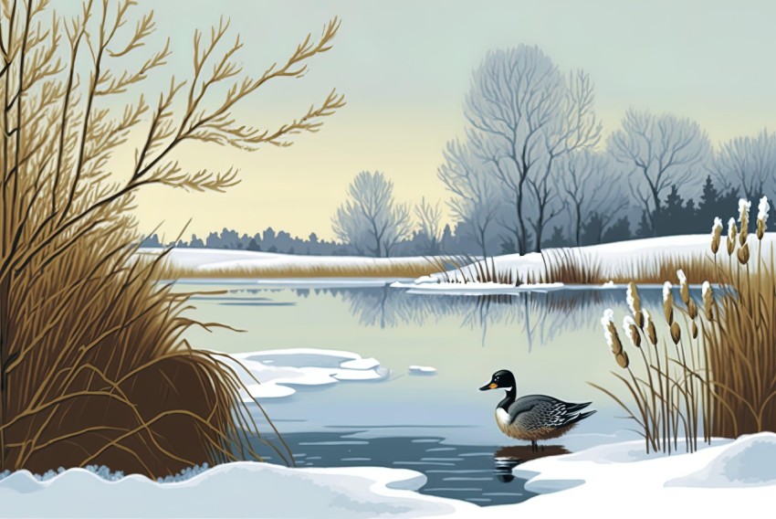 Frozen Pond Illustration with Ducks - Detailed Nature Art