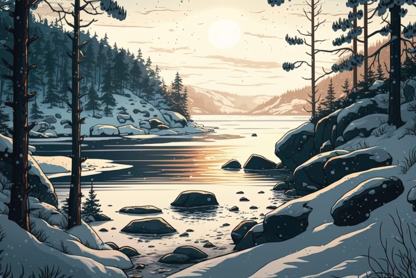 Winter Lake Illustration in Detailed Comic Book Art Style