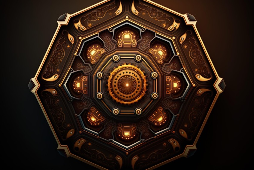 Intricate Black Hexagonal Shield with Sci-Fi Baroque Style