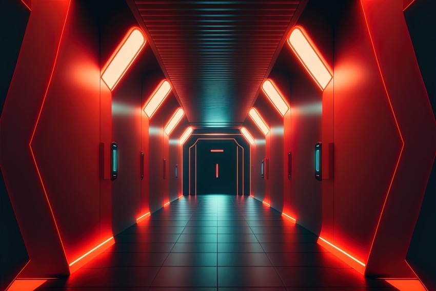 Futuristic Neon Hallway with Red Lights - Sci-fi Design
