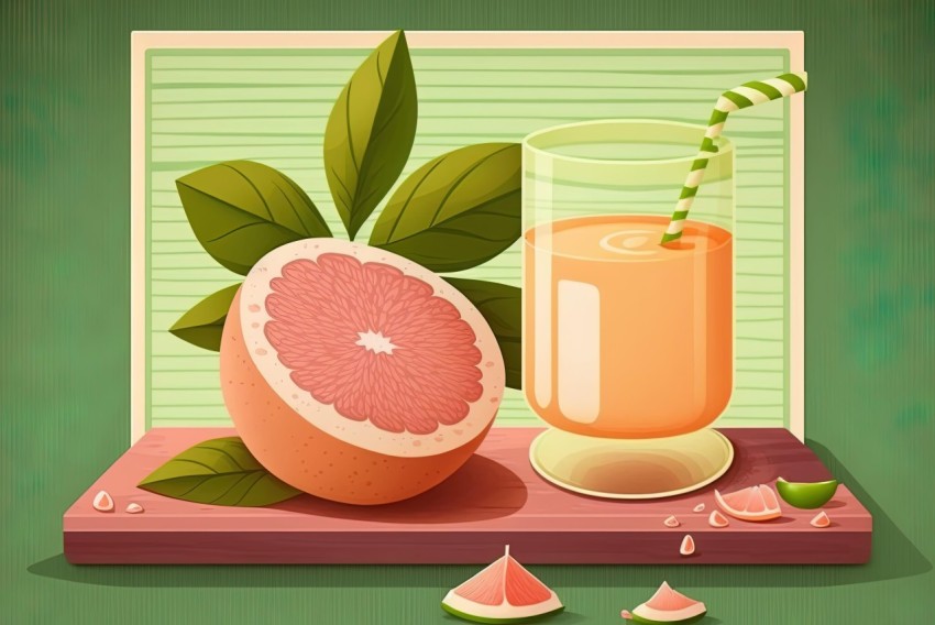 Delicious Grapefruit Juice on a Wooden Board - Editorial Illustration