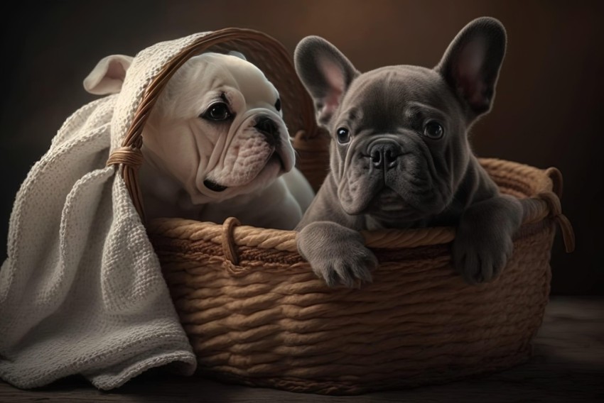 Adorable French Bulldog Puppies in a Cozy Basket - Captivating Illustrations