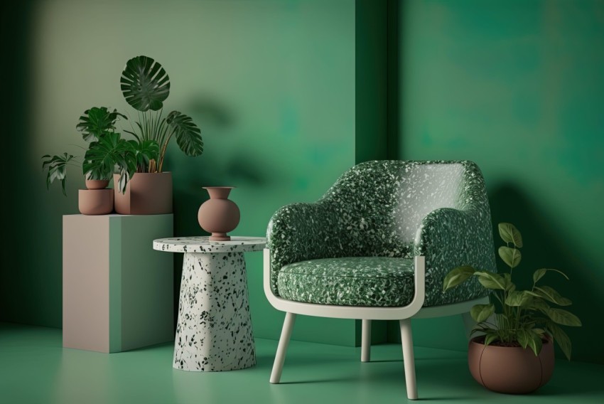 Elegant Armchair in front of Green Wall with Plants | Pointillist Style