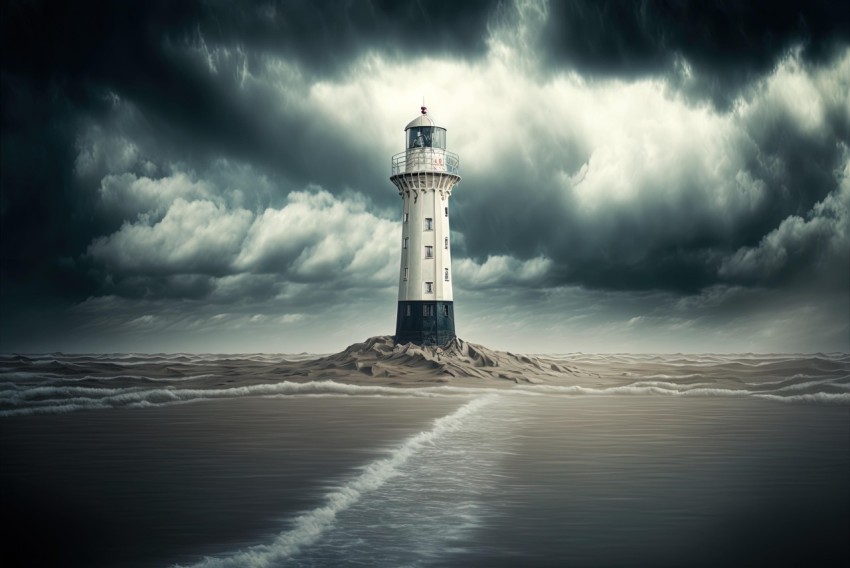Surreal Lighthouse Floating on Water Under Gloomy Clouds - Highly Detailed