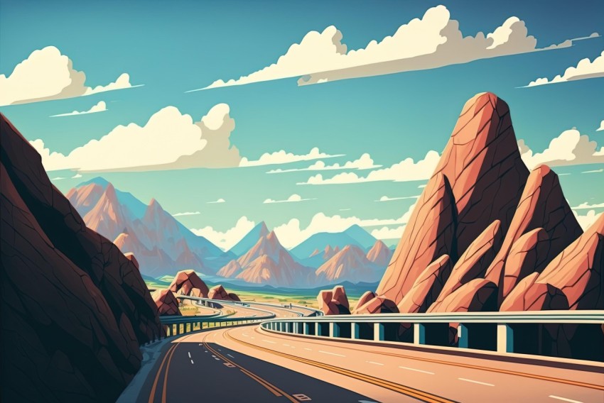 Roadway and Mountains in the Sky - Bold Cartoonish Lithograph-style Illustration