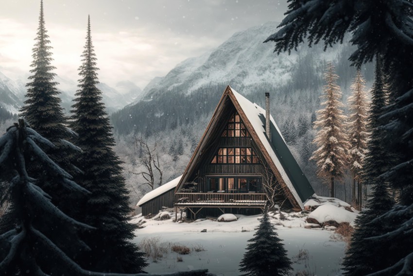 Winter Cabin Surrounded by Trees: Detailed Atmospheric Portraits
