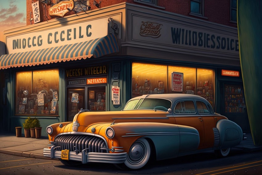 Vintage Car Parked Outside Store | Hauntingly Beautiful Illustrations