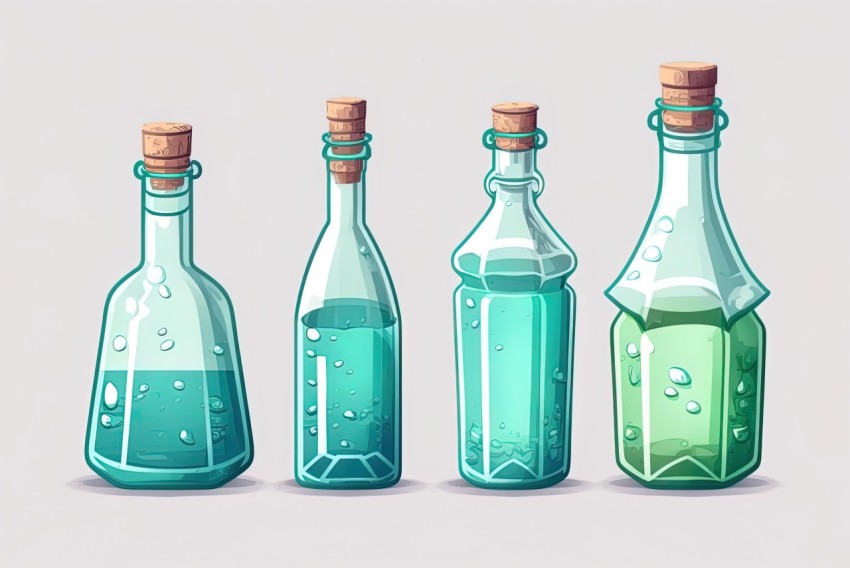 Charming 2D Game Art Illustrations of Glass Bottles with Water