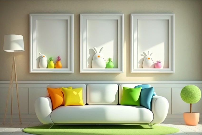 Playful and Colorful Bunny Decor in a Living Room | 3D Rendering