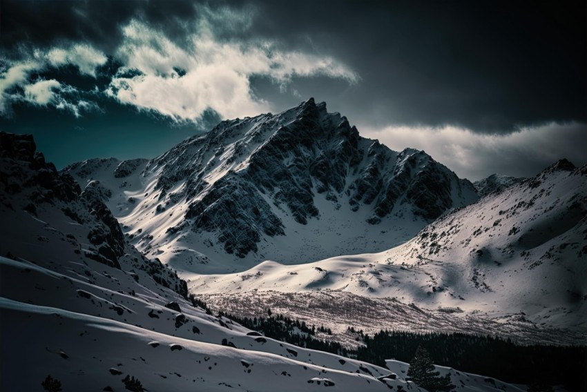 Snow-Covered Mountain Ranges Under Dark Skies | Dramatic Atmospheric Perspective