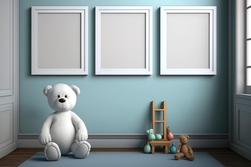 Minimalist Teddy Bear Art in a Light Azure Room