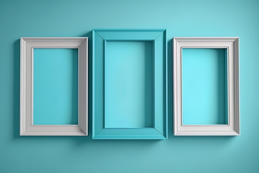 Colorful White Frames on a Blue Wall - Light Turquoise and Gray