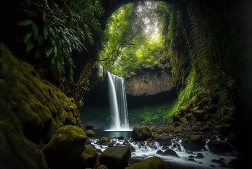 Serene Waterfall in a Moss-Covered Cave: Japanese Photography at its Finest