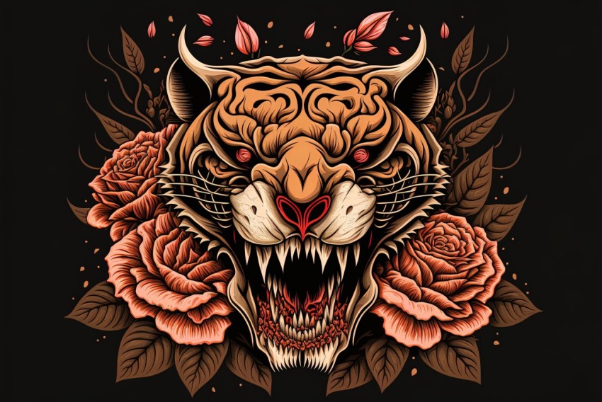 Tiger Head with Roses - Unique Yokai Illustrations