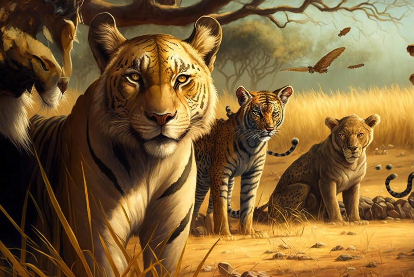 Tigers on a Plain: Digital Illustration with Detailed Character Illustrations