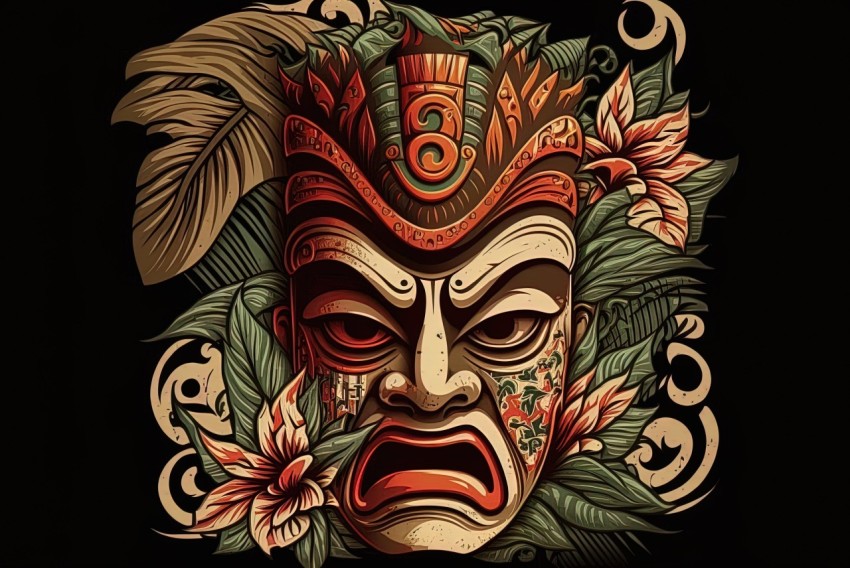 Tiki Character Mask in Flowery Designs on Black Background