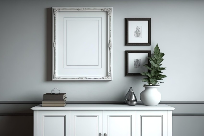 Realistic White Cabinet with Floral Pot and White Frame - Gothic Black and White Theme