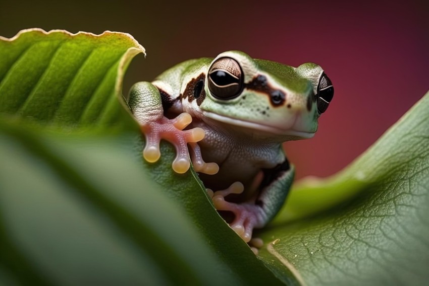 Green Frog Peeking Out of Leaf - Exotic Flora and Fauna