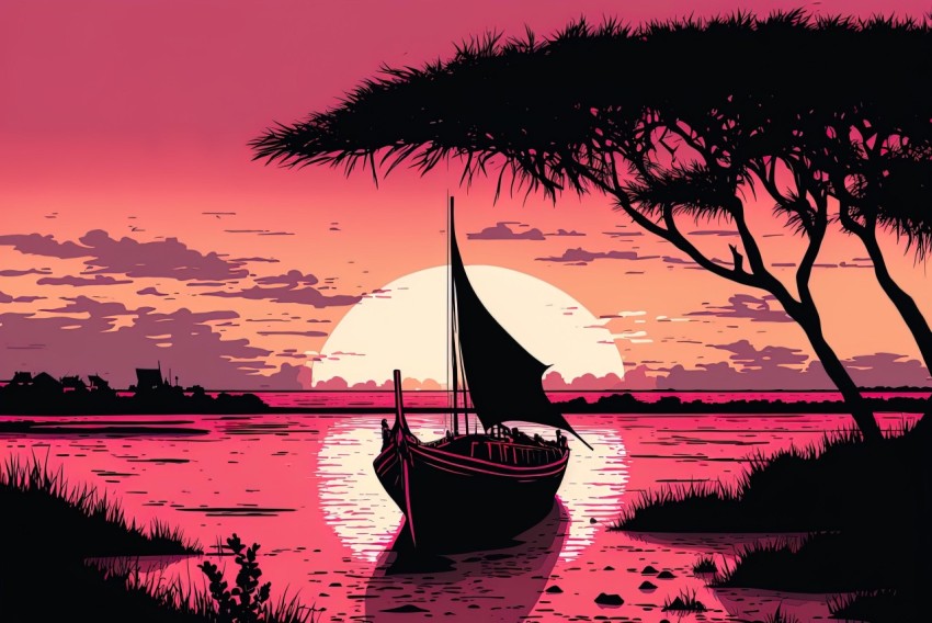 Traditional African Art: Sailboat Illustration in Lush Scenery