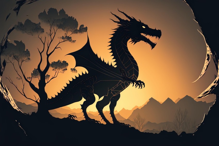 Silhouette of a Mountain Dragon at Sunset - Golden Age Illustrations