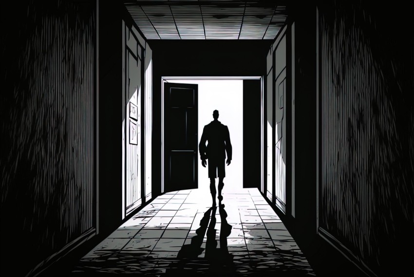 Dark Hallway Illustration with Realistic Human Figures