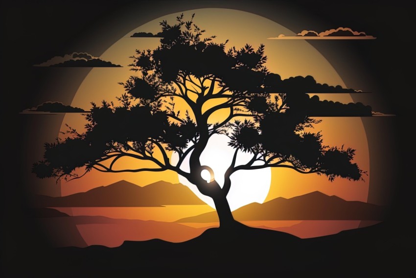 Tree at Sunset with Mountains - Art Nouveau Style
