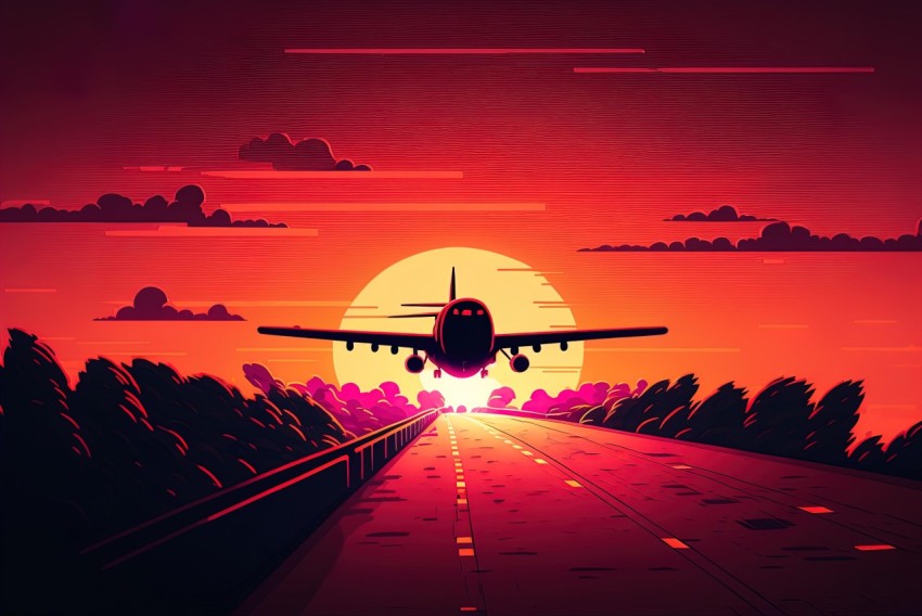 Airplane Flying to Countryside at Sunset - Crisp Neo-Pop Illustration