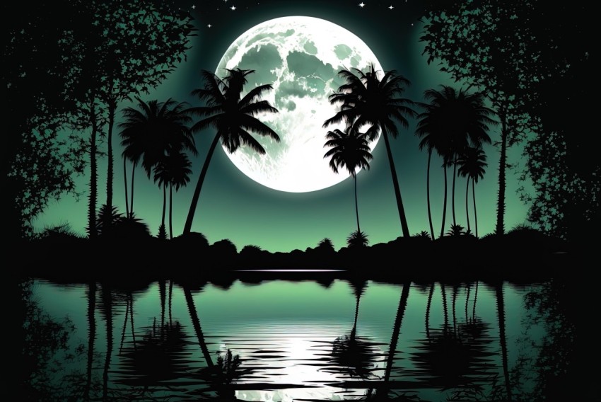 Full Moon Reflecting on Lake and Palms in Dreamlike Illustration