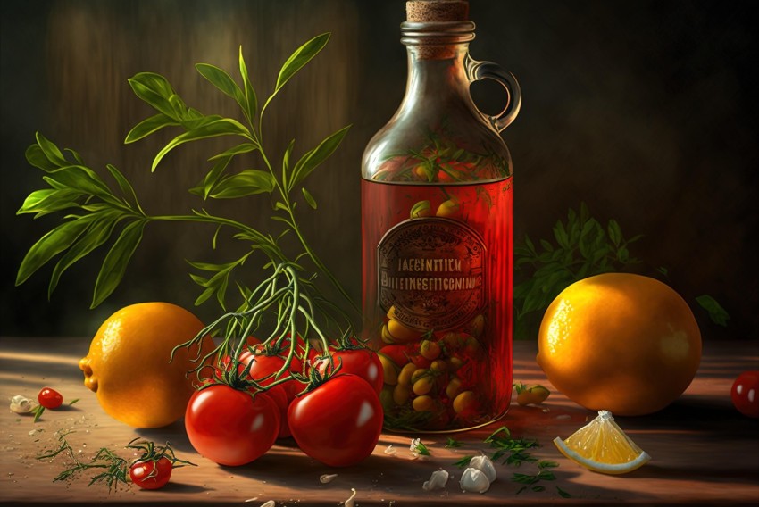 Realistic Fantasy Artwork: Red Bottle with Tomatoes and Flora