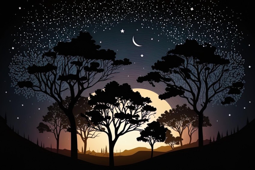 Night Scene with Shadow Trees and Starry Sky - Vector Illustration