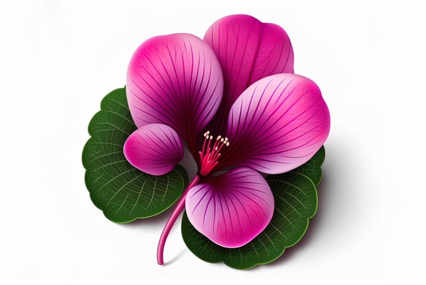 Pink Flower with Large Leaves on White Background | Hyper-Detailed Renderings
