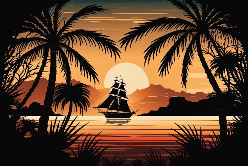 Sailboat in Sunset with Palm Trees - Exotic Flora and Fauna