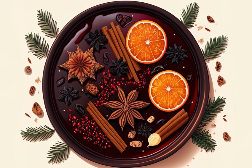 Illustration of Cinnamon Mulled Wine with Orange and Berries