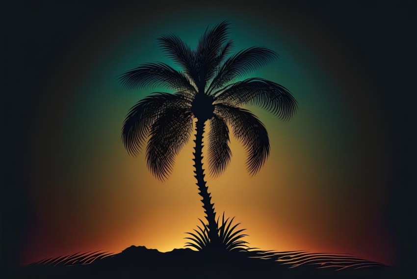 Tropical Palm Tree Sunset in Dark Cyan and Dark Bronze