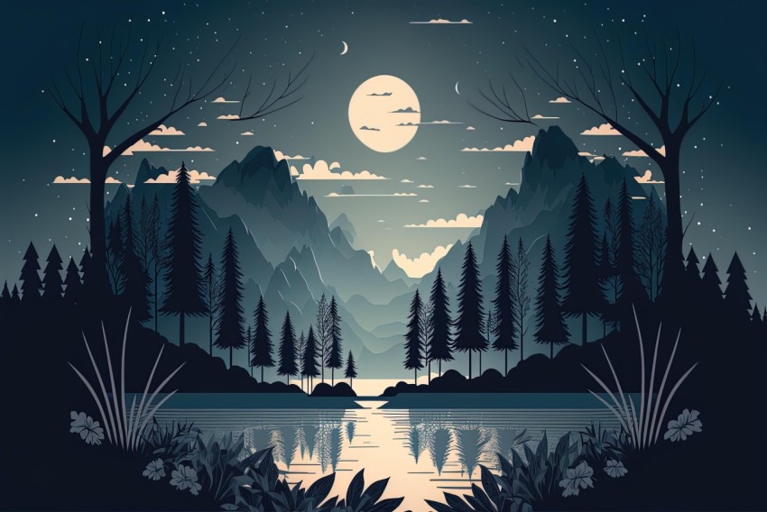 Moonlit Lake: Serene Night Scene with Detailed Illustrations