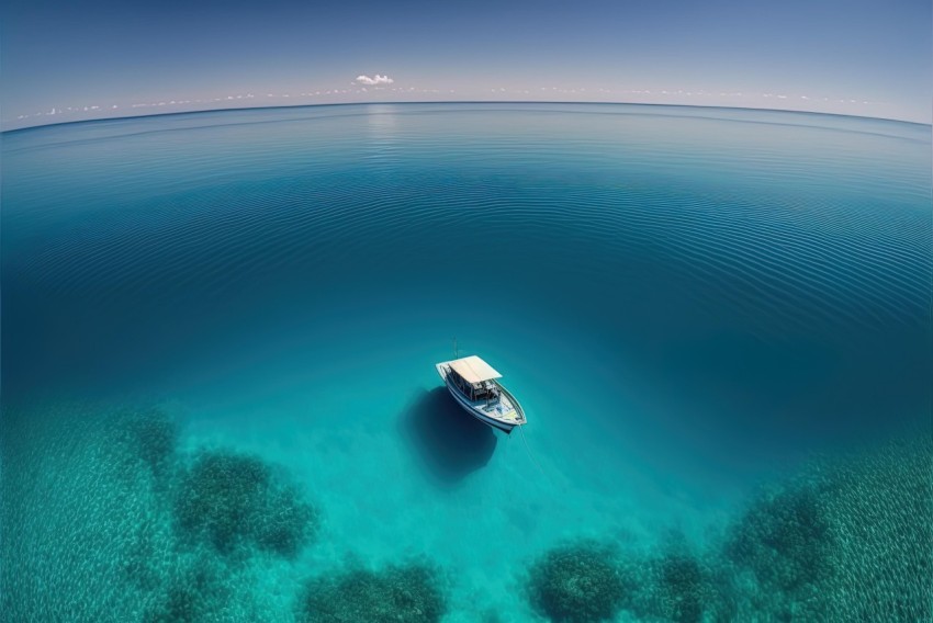 White Boat in Blue Ocean - Secluded Settings, Vray Tracing