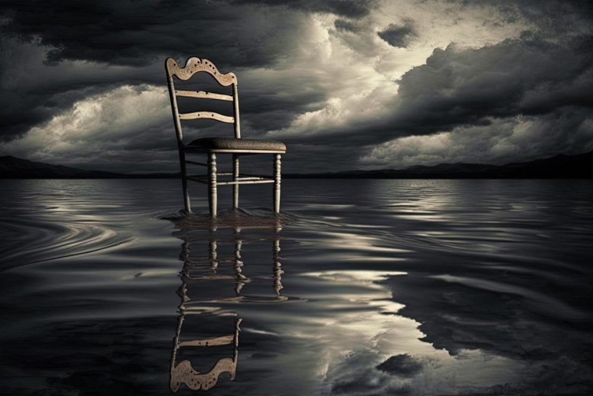 Surrealistic Dystopia: Empty Chair on Watery Surface with Clouds