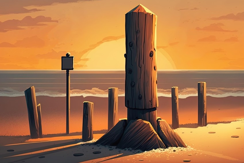 Wooden Posts by the Beach at Sunset | 2D Game Art Concept