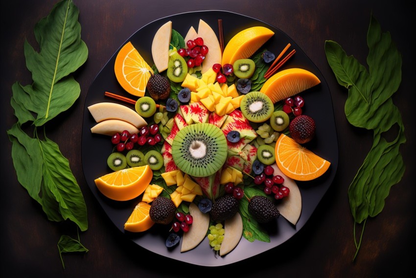 Elaborate Fruit Arrangements in Dark and Bright Colors