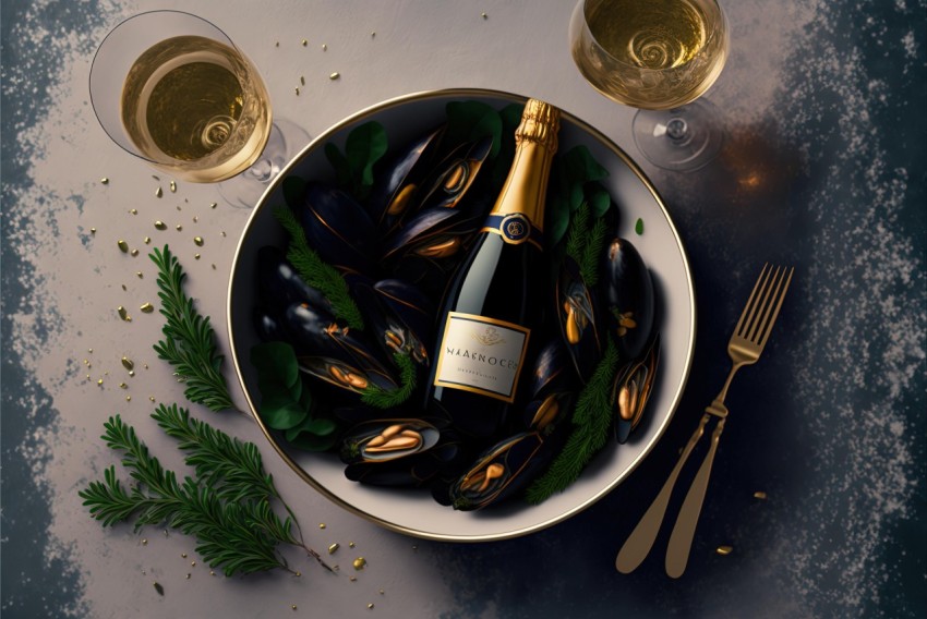 Champagne and Mussels in a White Bowl | Vray Tracing Art