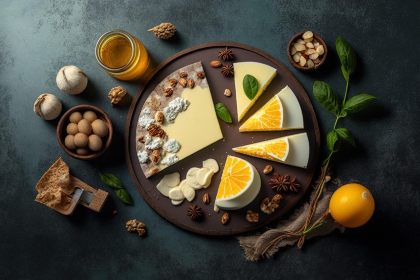Cheese, Oranges, and Nuts on Dark Background - Artistic Composition