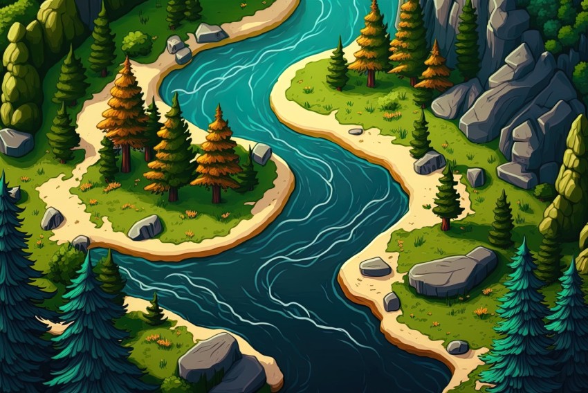 Realistic Woodland Landscape with River - Cartoonish Style