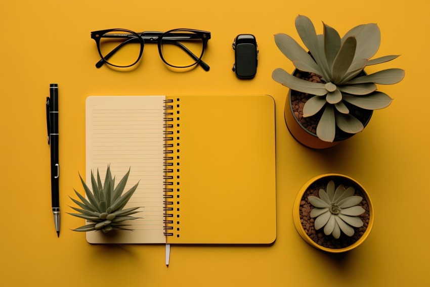 Yellow Notebook, Glasses, and Potted Succulent on Orange Background - Minimalist Nature-Inspired Art