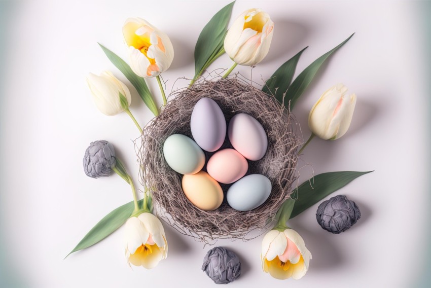 Easter Flower Nest with Colored Eggs in White Tulips on White Background