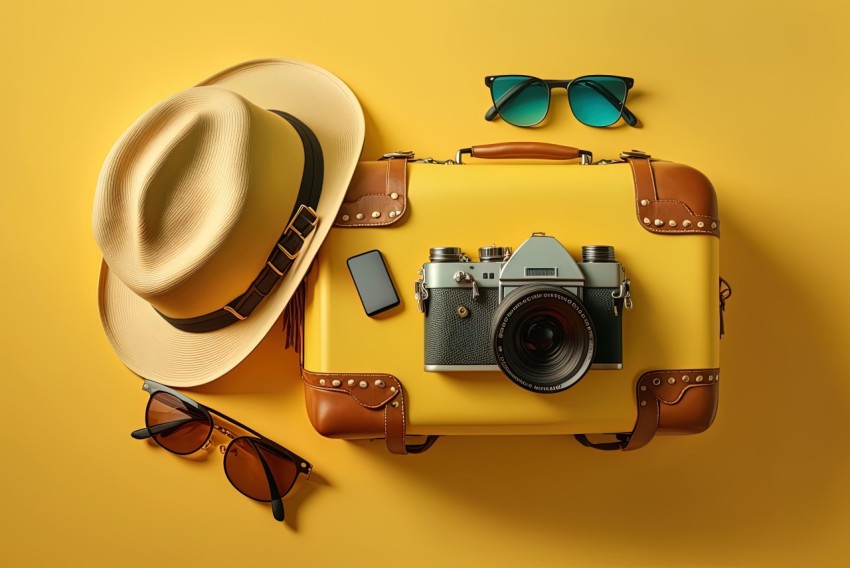 Travel Accessories on Yellow Background - Camera Tossing Style