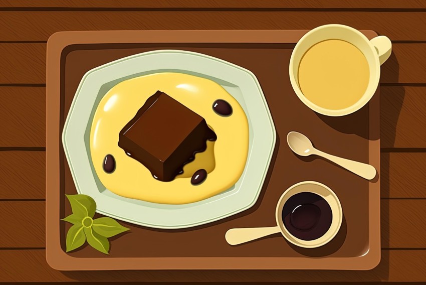 Brown Dessert with Coffee and Spoons - Graphic Illustration