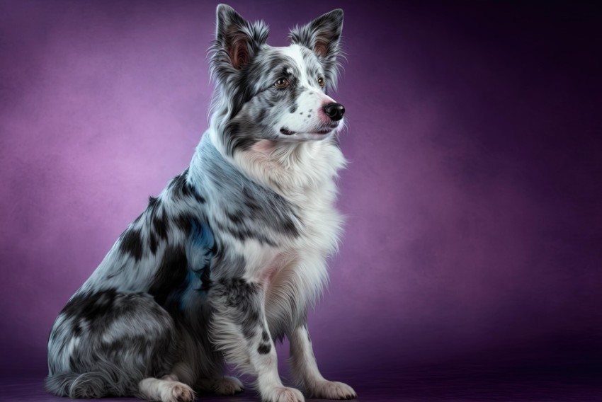 Cute Dog Sitting on Purple Background - Black and White Photography