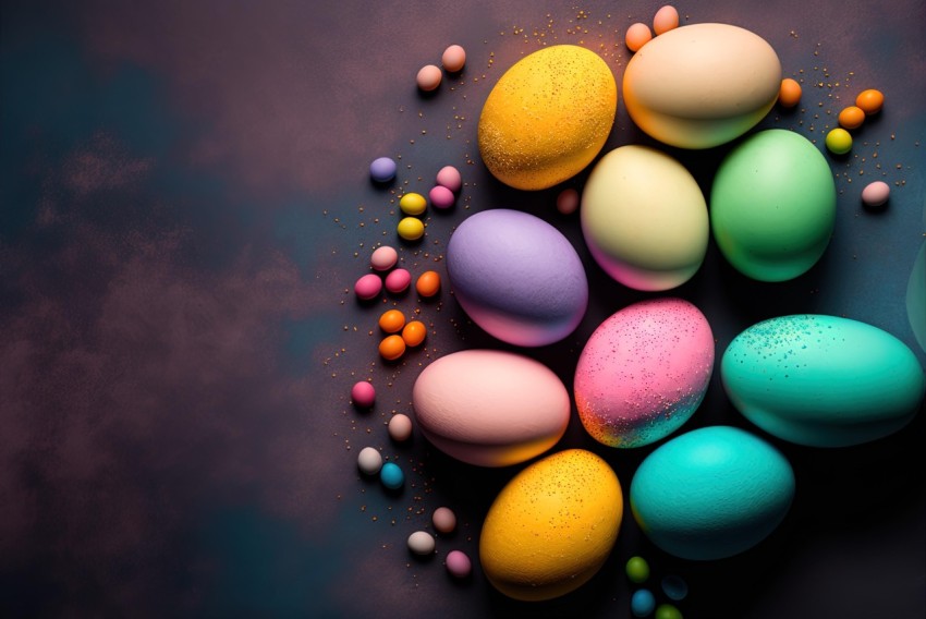 Colorful Easter Eggs and Candy on Dark Background | Vibrant Artwork