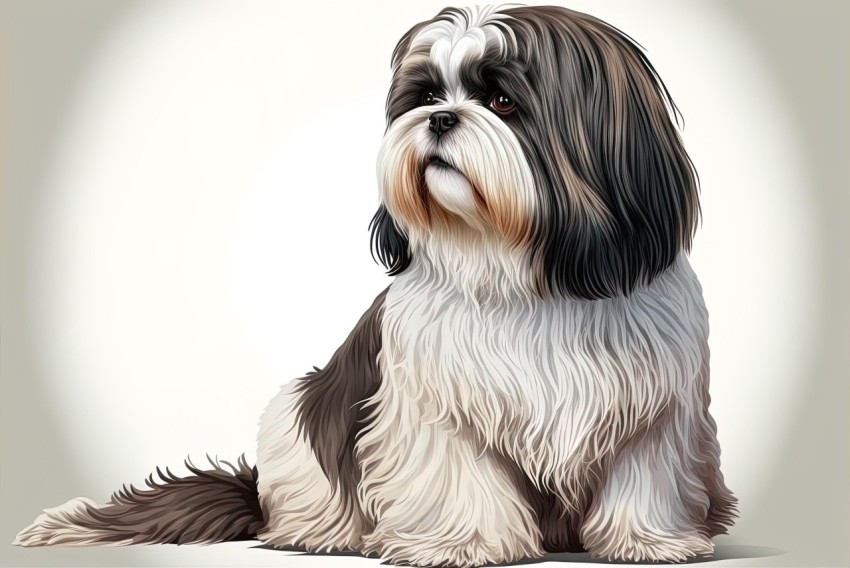 Colorful Shih Tzu Dog Sitting on Gray Background